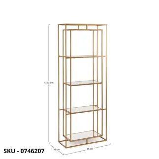 Libreria Elenor Con Struttura In Acciaio Verniciato A Polvere E Ripiani In Vetro – Finitura Oro con 3 o 4 ripiani