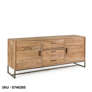 Credenza Elmer in Legno d'Acacia con Piedini in Acciaio - 2 Ante e 3 Cassetti - Stile Moderno – Contemporaneo – Made in Italy