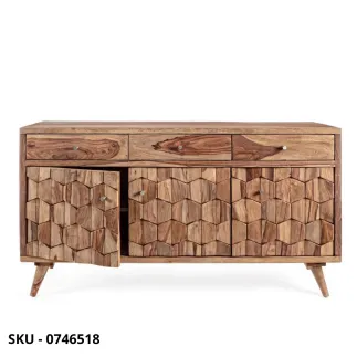 Credenza Kant in Legno Sheesham, Finitura Naturale, Pomelli in Acciaio con Ante e Cassetti