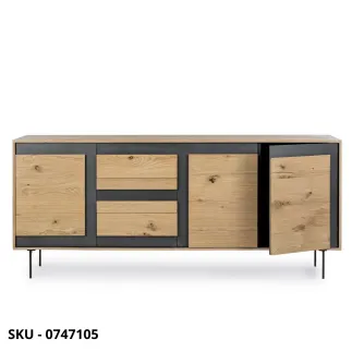 Cassettiera Stanwood in Legno di Pino con Inserti in Rattan Naturale e Finitura Nero Opaco