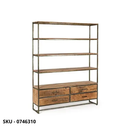 Libreria Elmer in Acciaio Verniciata e Ripiani in Legno di Acacia, con 4 Piani con 2 o 4 Cassetti