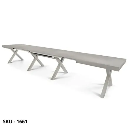 Tavolo rettangolare allungabile, finitura beton, Bianco Consumato, Rovere Nodato, gambe in legno ad X