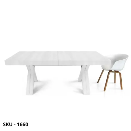 Tavolo rettangolare allungabile, finitura beton, Bianco Consumato, Rovere Nodato, gambe in legno ad X