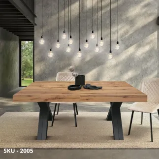 marca-design-shop-stile-moderno-stile-contemporaneo-Tavolo Allungabile con Piano in Nobilitato Rovere Rustico e Gambe Nere a X