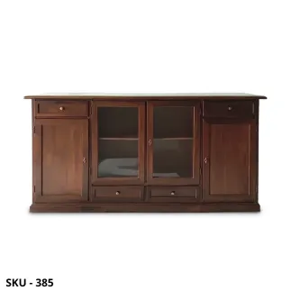 Credenza in Legno, Noce Scuro, 4 Ante (2 in Vetro) e 4 Cassetti - Arte Povera - Stile Classico - Made in Italy - 205x49x113 cm